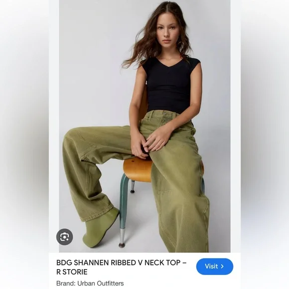 BDG Urban Outfitters Shannen Ribbed V Neck Short Cap Sleeve T shirt baby tee top - Picture 11 of 16